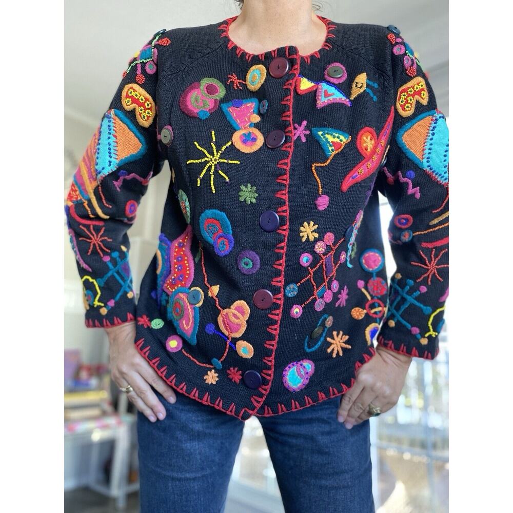 MICHAEL SIMON Vintage Embroidery Beaded Artwork Sweater Holiday Collection L